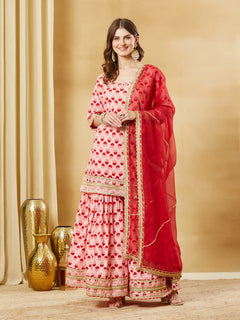 Pink Hand Block Cotton Kurta Sharara Set with Dupatta
