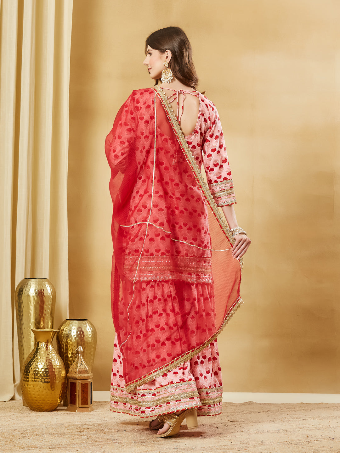 Pink Hand Block Cotton Kurta Sharara Set with Dupatta