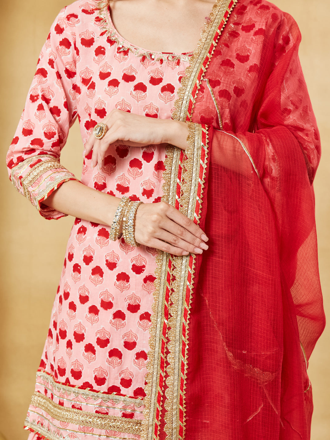 Pink Hand Block Cotton Kurta Sharara Set with Dupatta