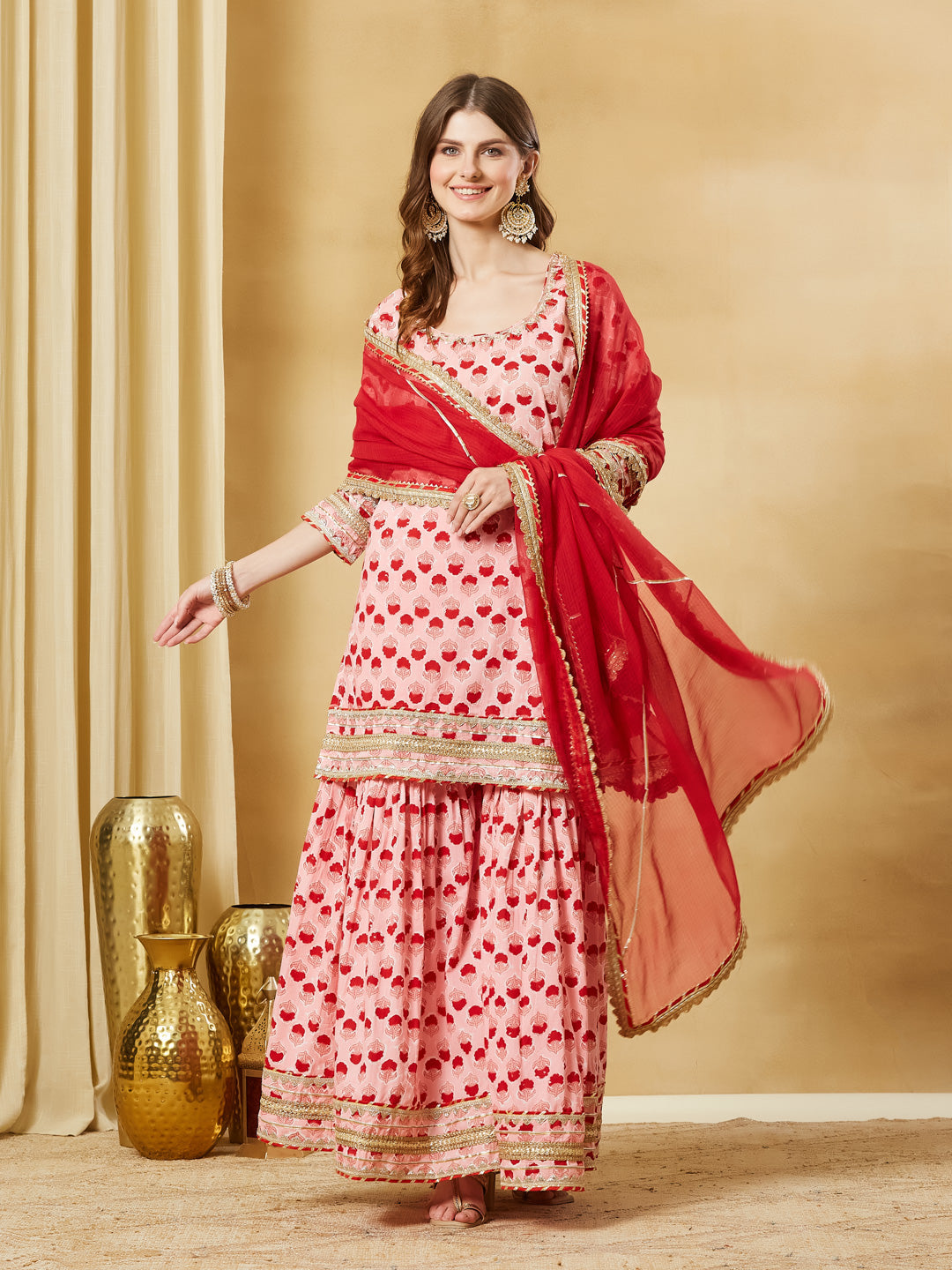 Pink Hand Block Cotton Kurta Sharara Set with Dupatta
