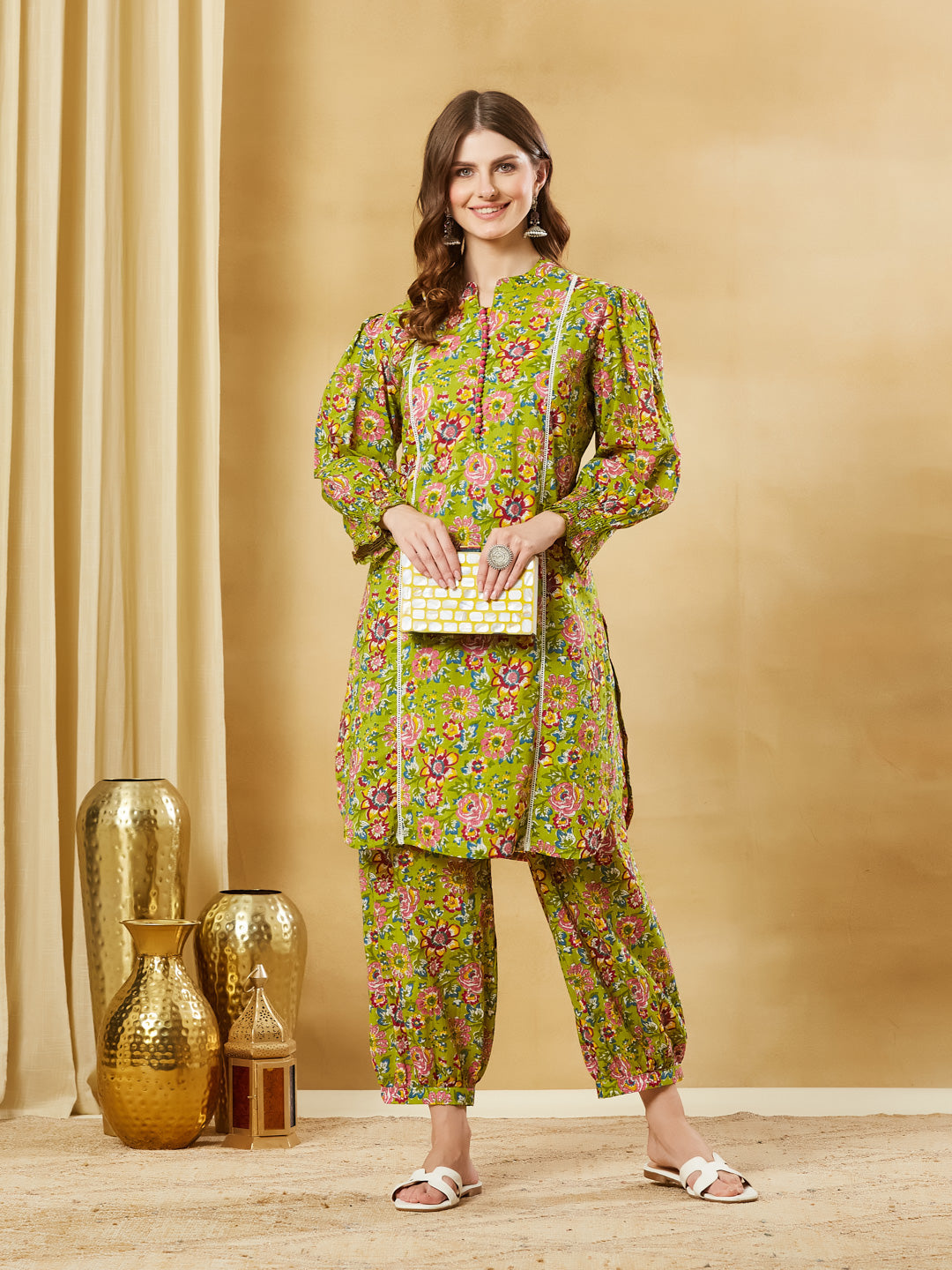 Green Cotton Kurta With Harem Pant Set