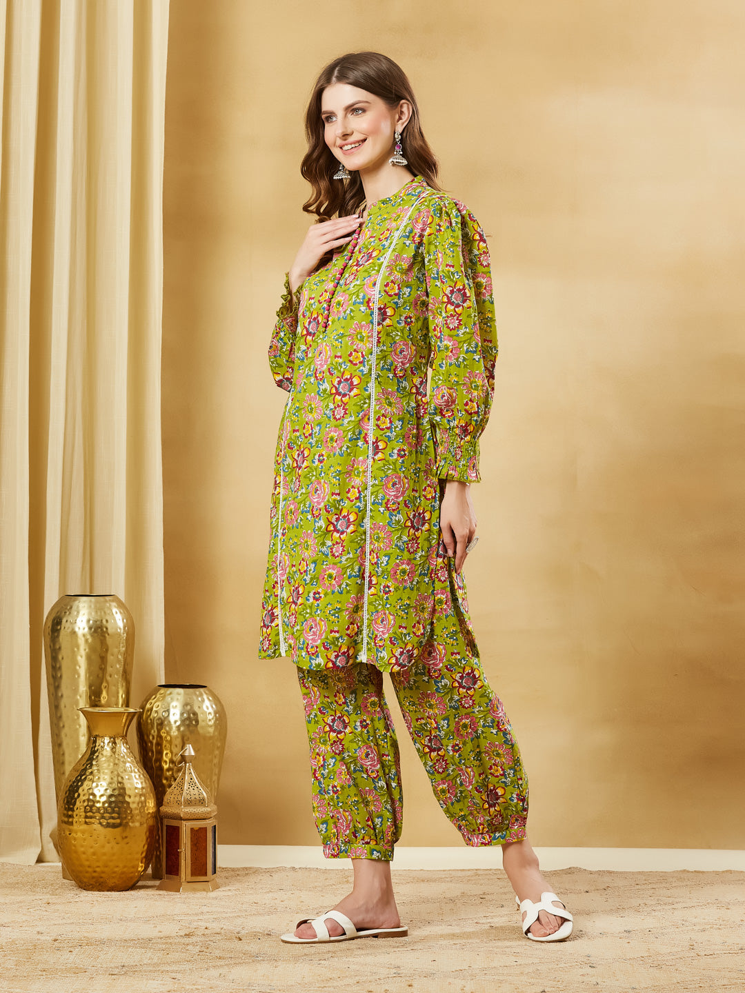 Green Cotton Kurta With Harem Pant Set