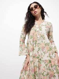 Cream Mandarin Coller Floral Print Cotton Midi Dress