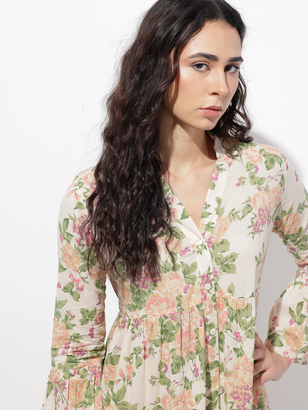 Cream Mandarin Coller Floral Print Cotton Midi Dress