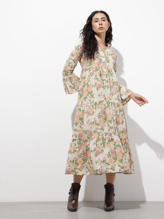 Cream Mandarin Coller Floral Print Cotton Midi Dress