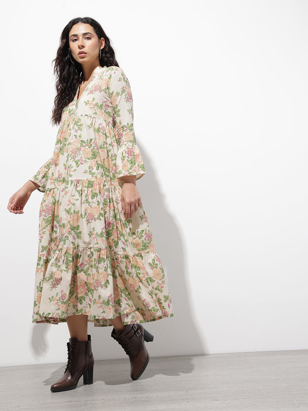 Cream Mandarin Coller Floral Print Cotton Midi Dress