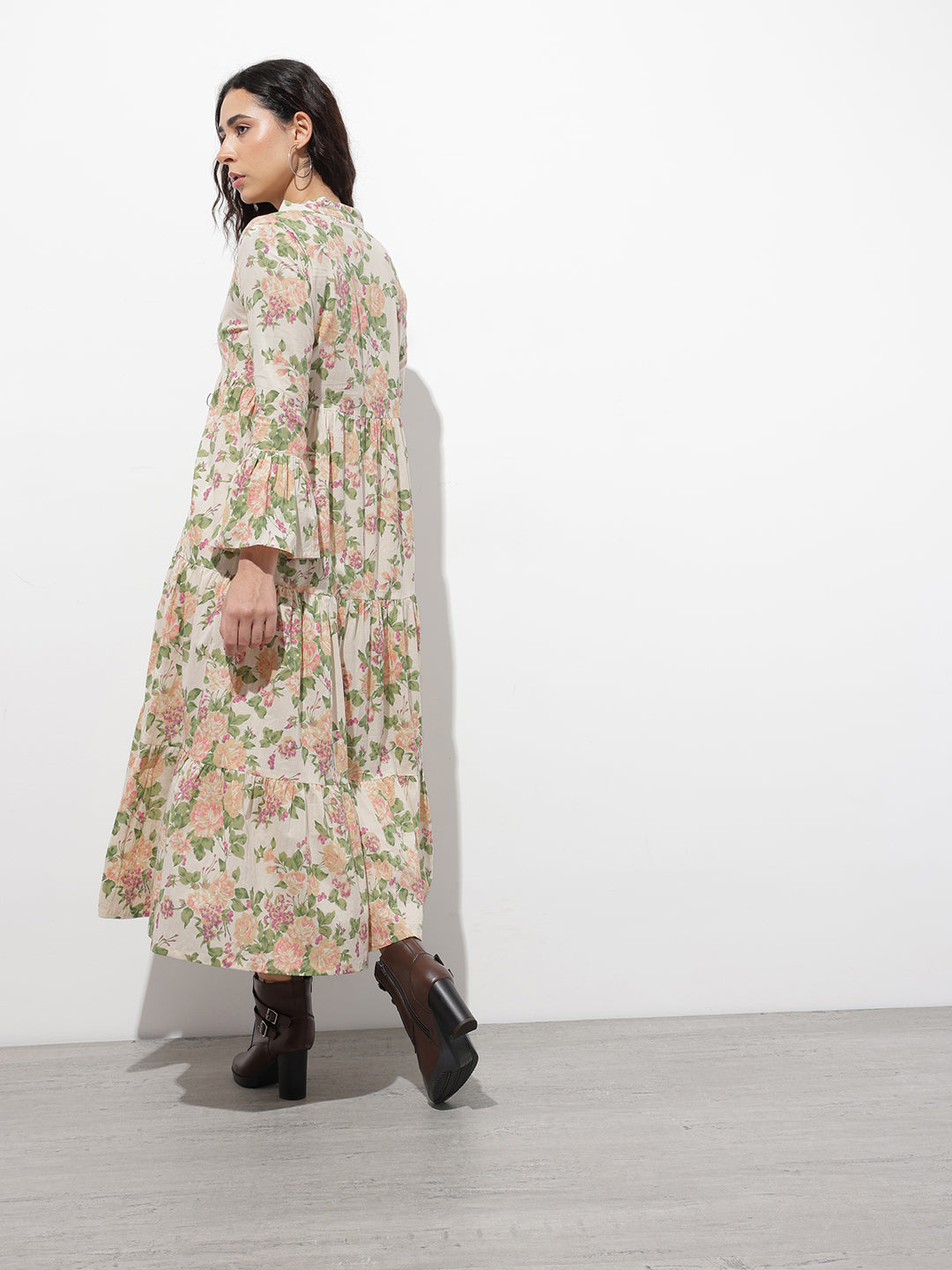 Cream Mandarin Coller Floral Print Cotton Midi Dress