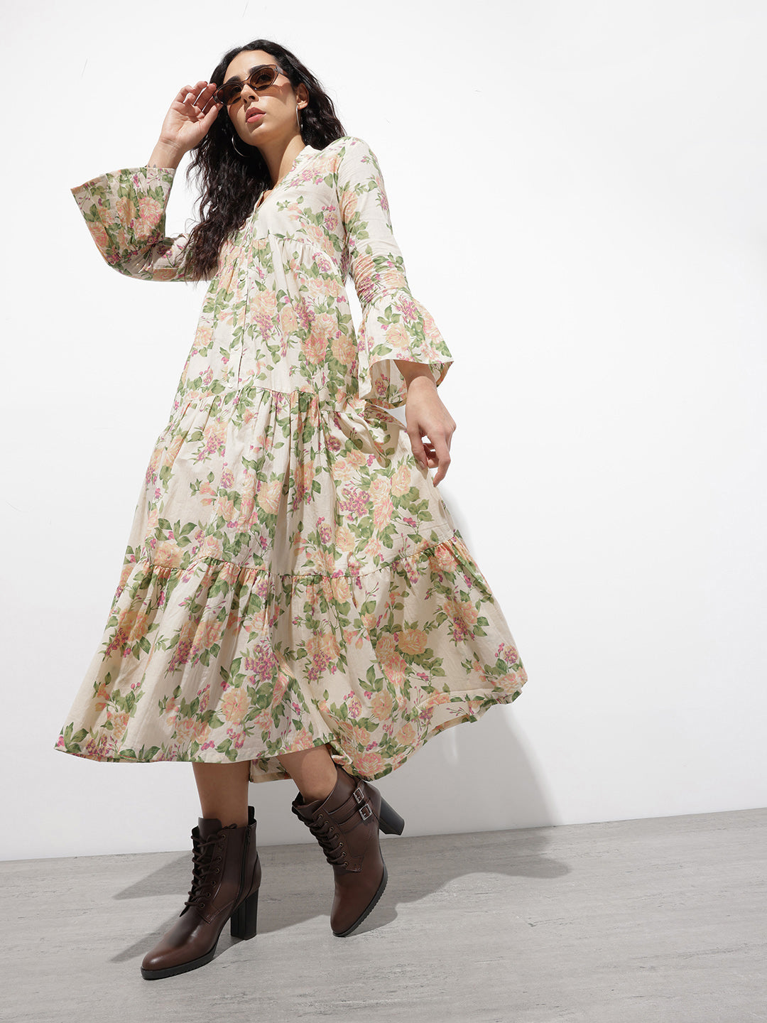 Cream Mandarin Coller Floral Print Cotton Midi Dress