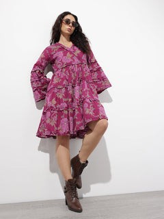 Purple V-Neck Midi Cotton Dress