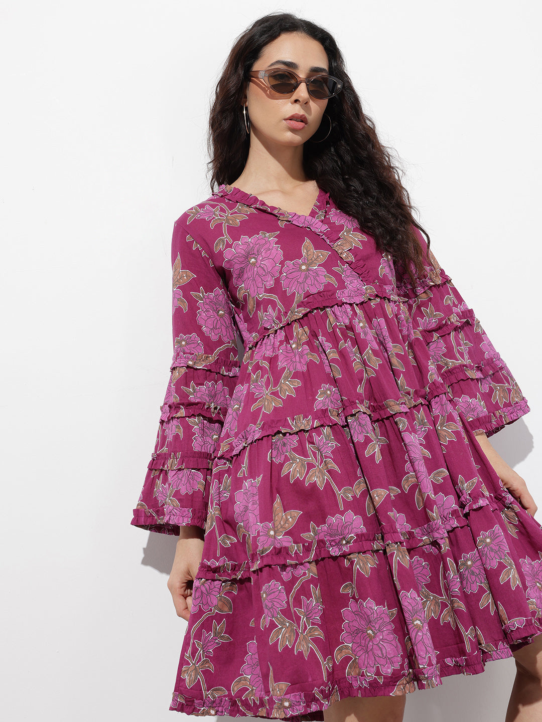 Purple V-Neck Midi Cotton Dress