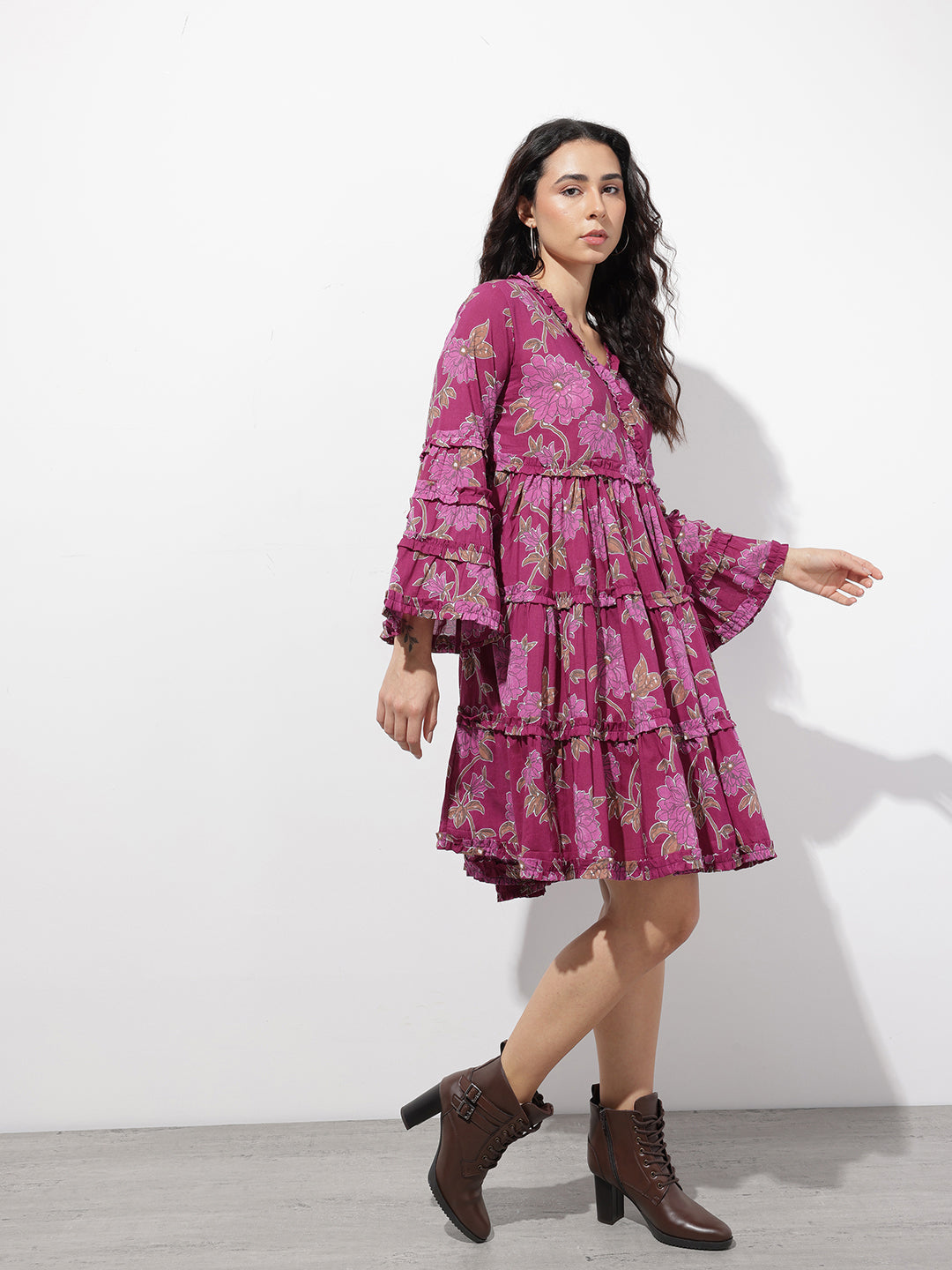 Purple V-Neck Midi Cotton Dress