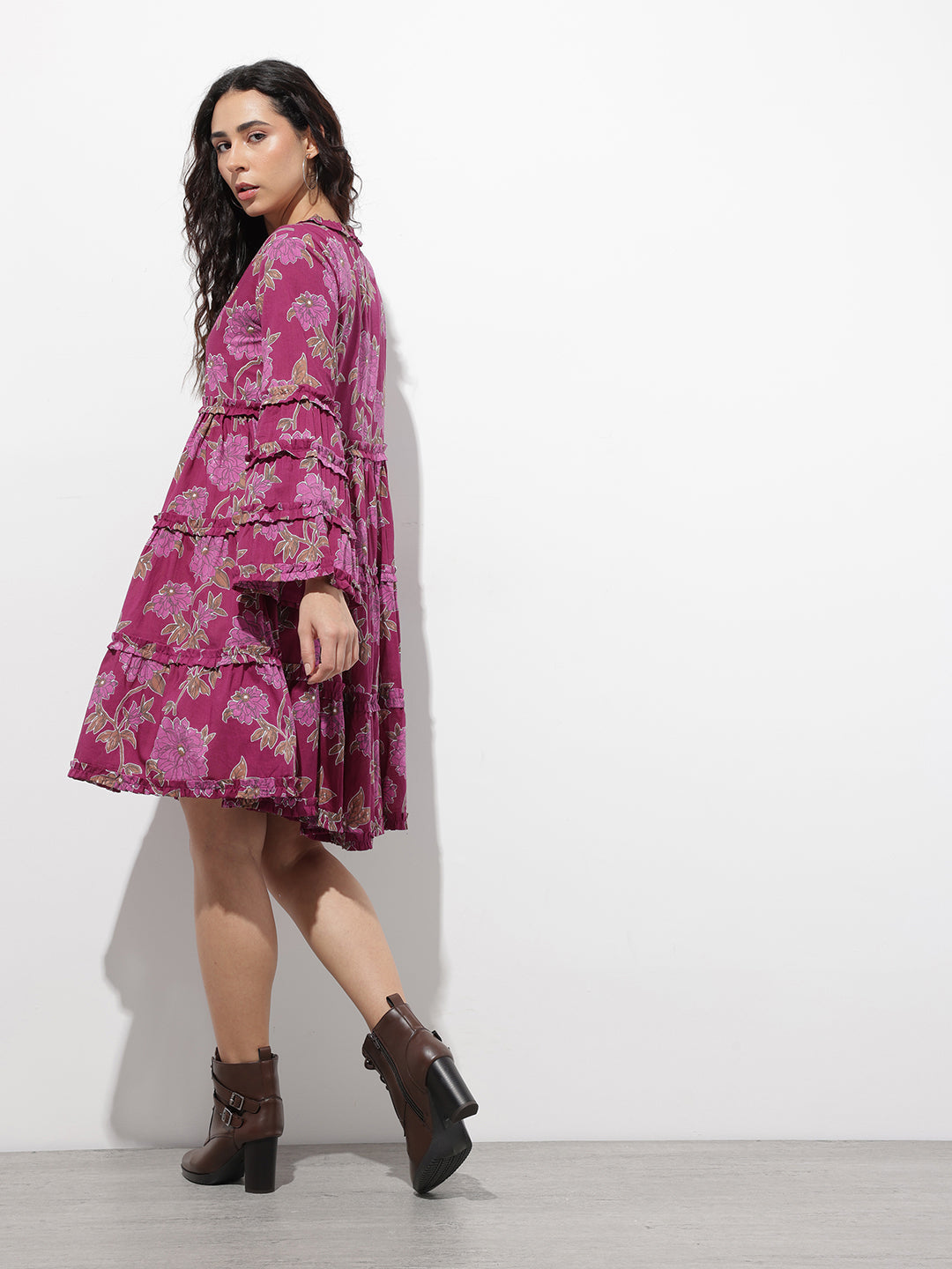 Purple V-Neck Midi Cotton Dress