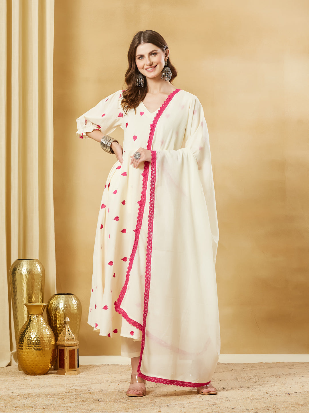 Cream Heart Embroidered Cotton Anarkali Kurta Pant Set With Dupatta