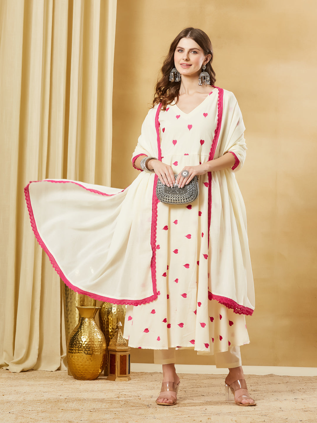 Cream Heart Embroidered Cotton Anarkali Kurta Pant Set With Dupatta