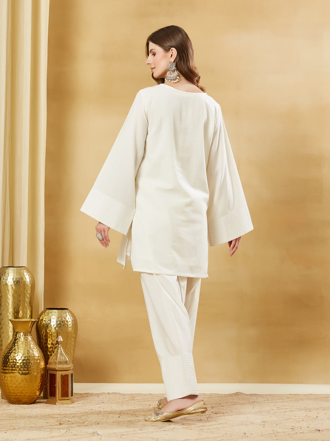 Off White Solid Cotton Farshi Salwar Suit Set