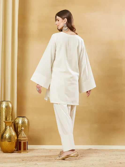 Off White Solid Cotton Farshi Salwar Suit Set