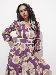 Purple V-Neck Midi Cotton Dress