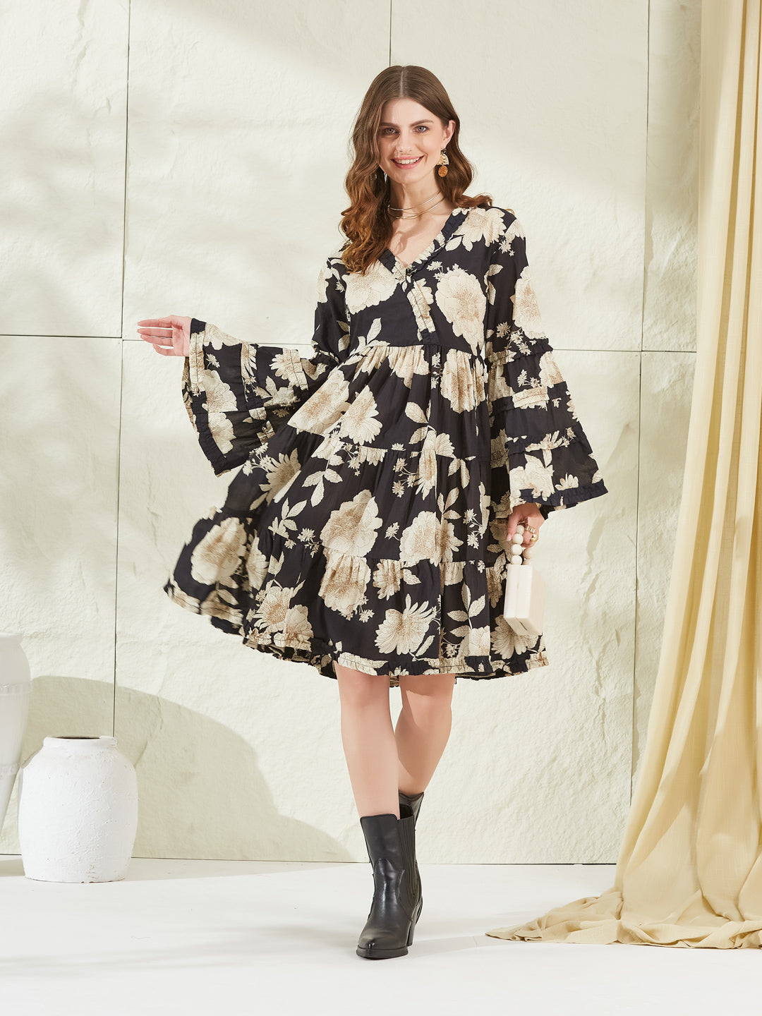 Black Cotton V-Neck Knee length Dress