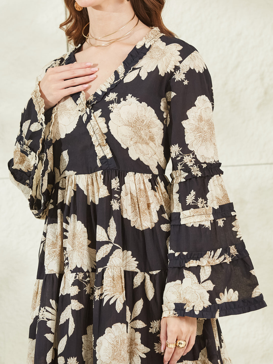 Black Cotton V-Neck Knee length Dress