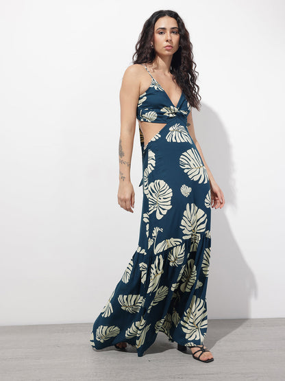 Blue Shoulder Strap Rayon Dress