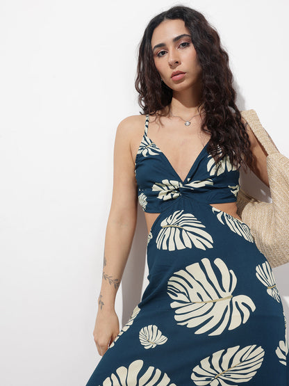 Blue Shoulder Strap Rayon Dress