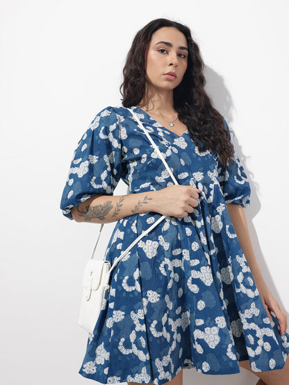 Blue V-Neck Short Bell Sleeves Mini Cotton Dress