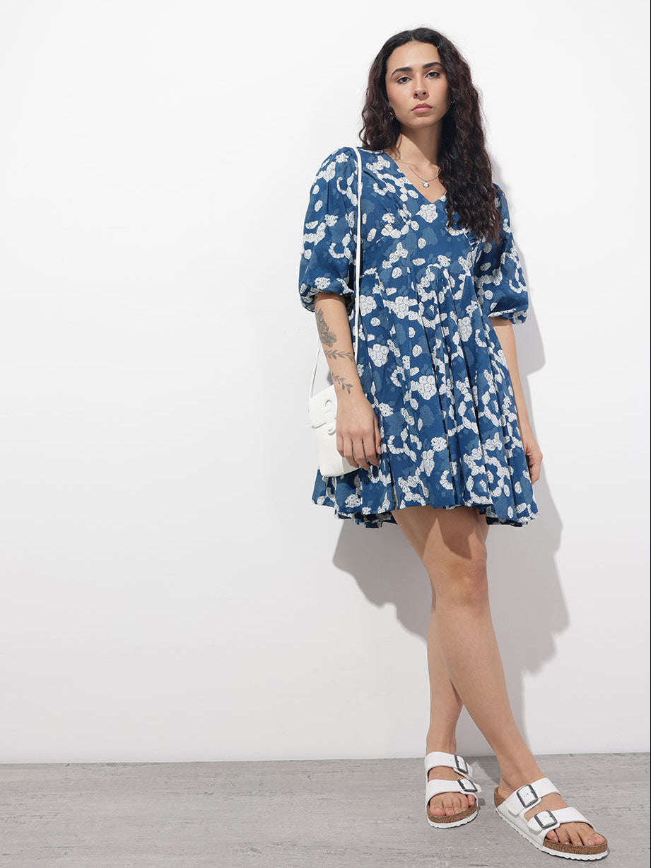 Blue V-Neck Short Bell Sleeves Mini Cotton Dress