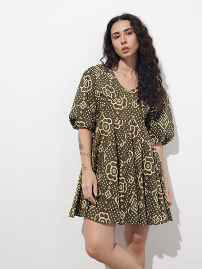 Brown V-Neck Short Bell Sleeves Mini Cotton Dress