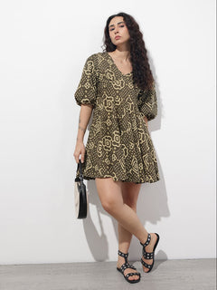 Brown V-Neck Short Bell Sleeves Mini Cotton Dress
