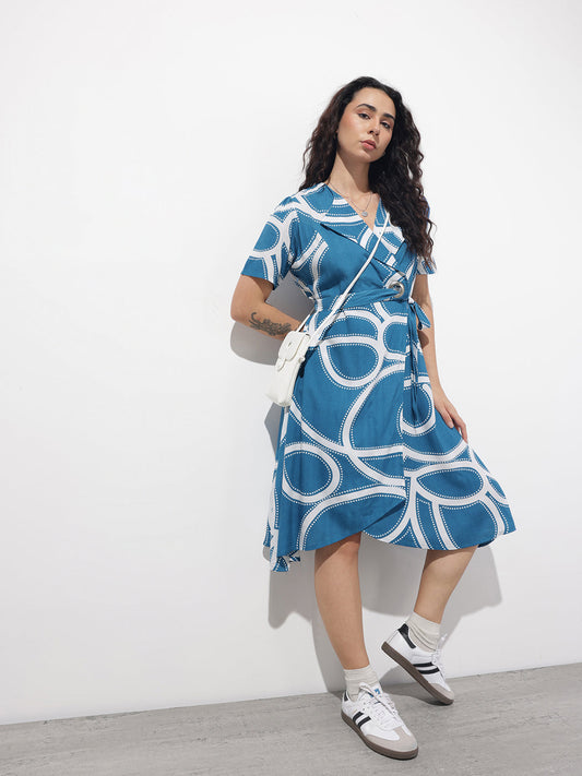 Blue Lepal Neck Abstract Print Rayon Midi Dress