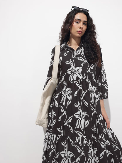 Black Shirt Coller Mulmul Linning Cotton Dress