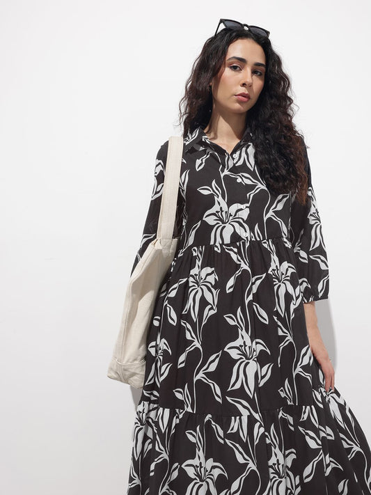 Black Shirt Coller Mulmul Linning Cotton Dress