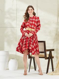 Red Rayon Boat Neck Knee Length Dress