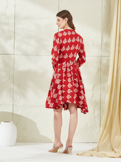 Red Rayon Boat Neck Knee Length Dress