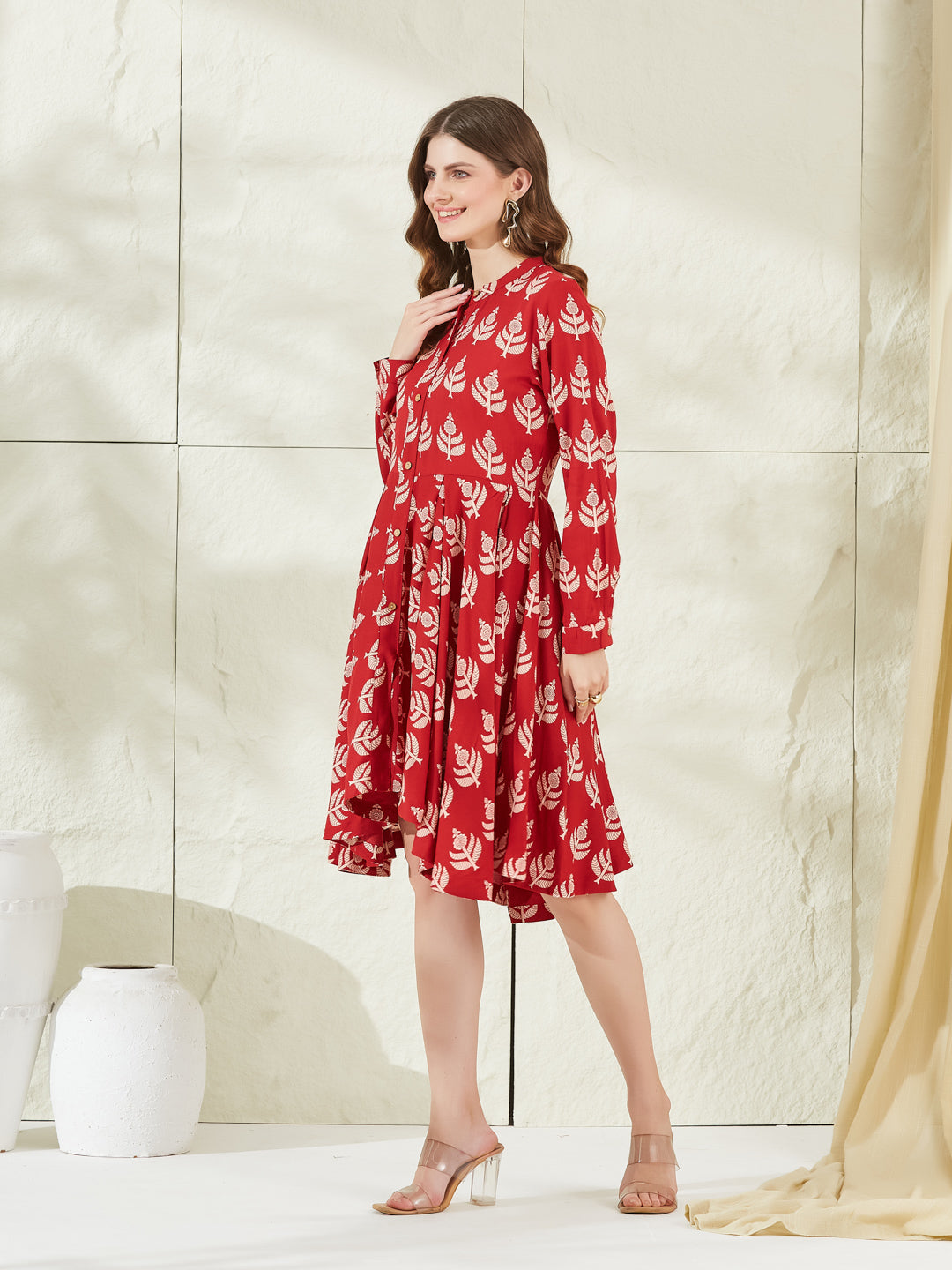 Red Rayon Boat Neck Knee Length Dress