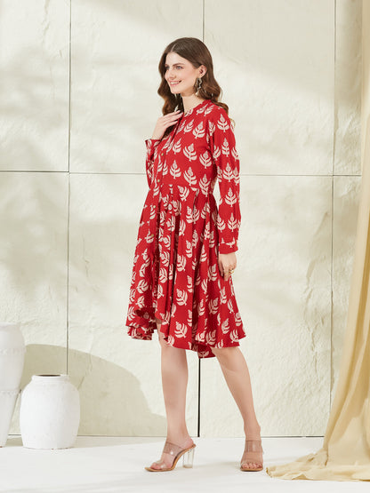 Red Rayon Boat Neck Knee Length Dress