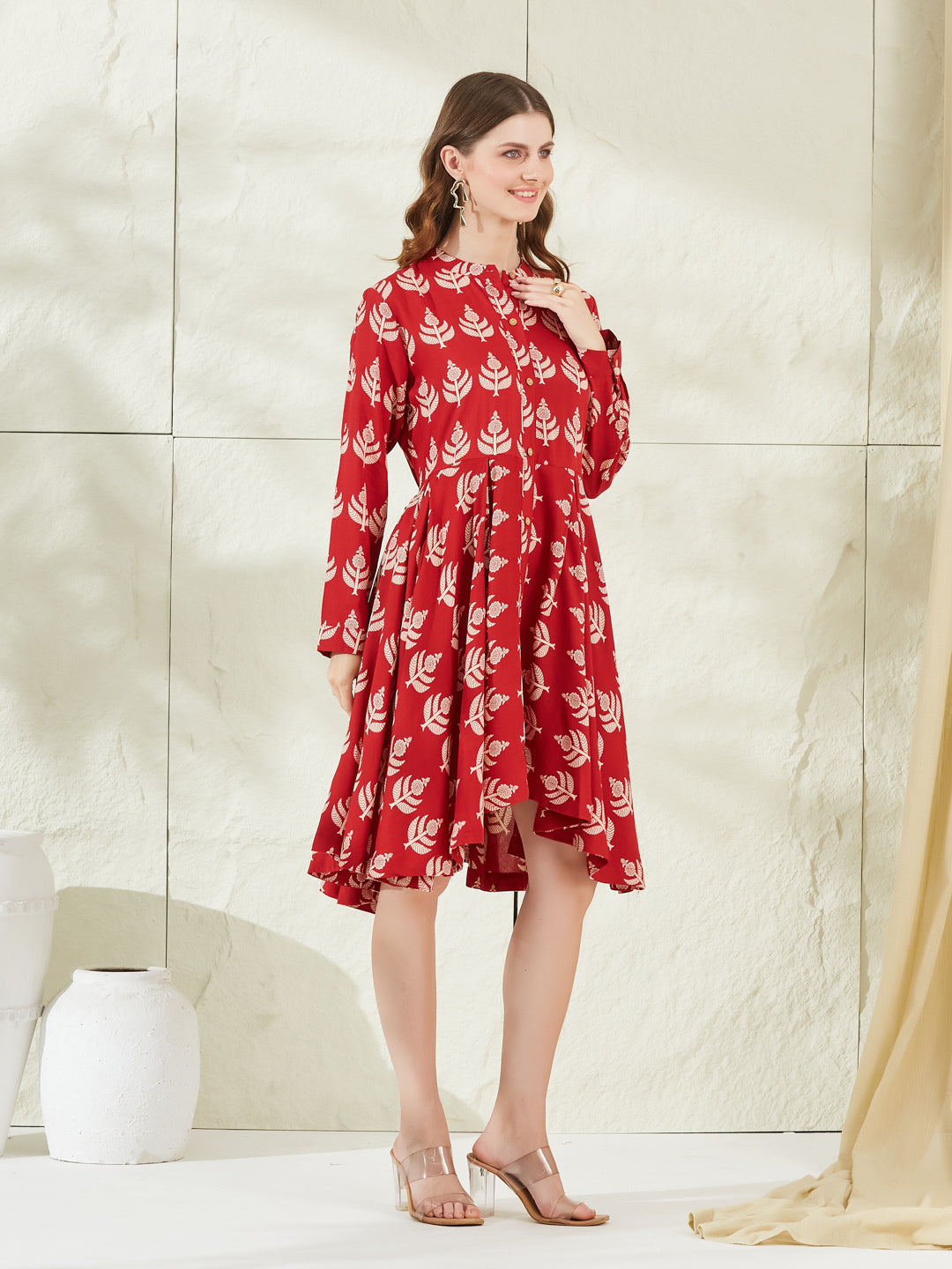 Red Rayon Boat Neck Knee Length Dress