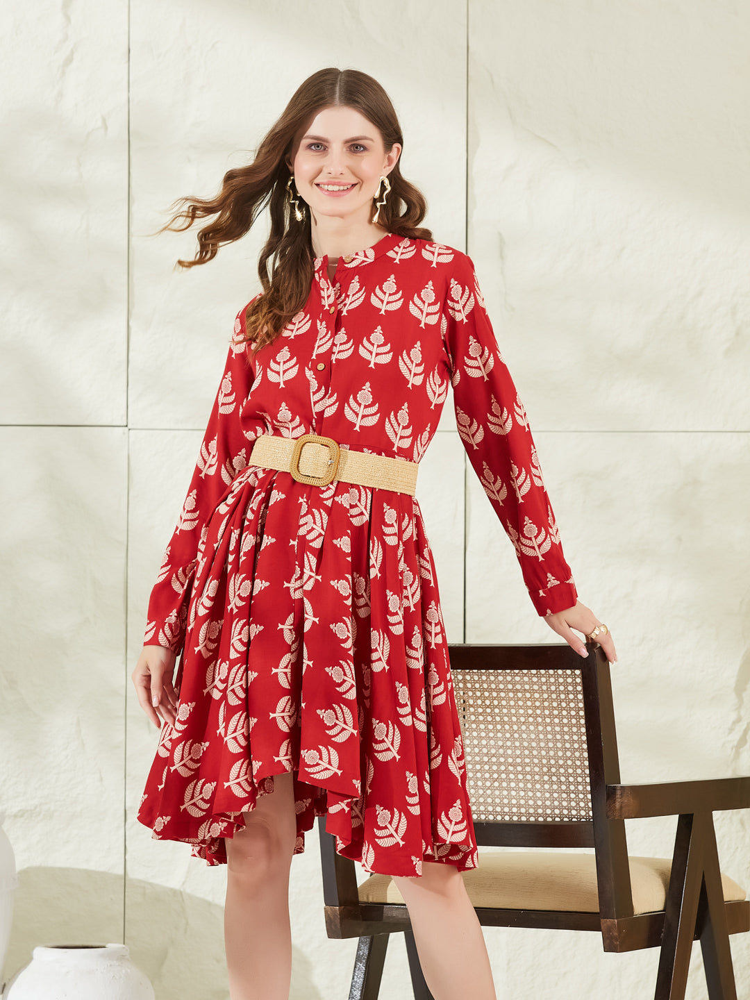 Red Rayon Boat Neck Knee Length Dress