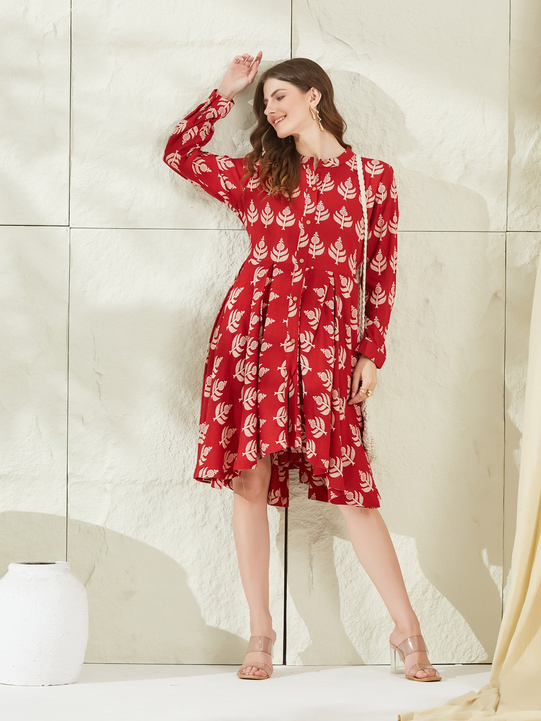 Red Rayon Boat Neck Knee Length Dress