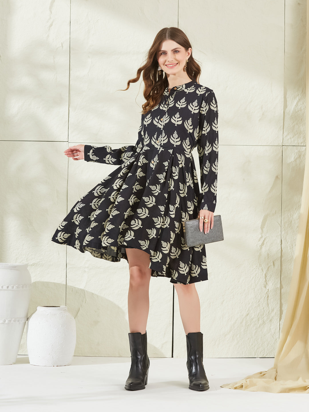 Black Rayon Boat Neck Knee Length Dress