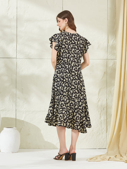 Black Rayon V Neck Midi Dress