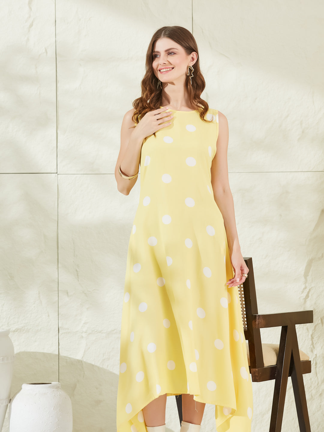 Yellow Rayon Polka Dots Midi Dress