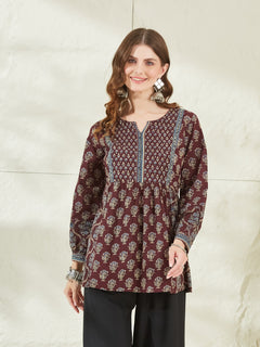 Wine Color Cotton Peplum Top