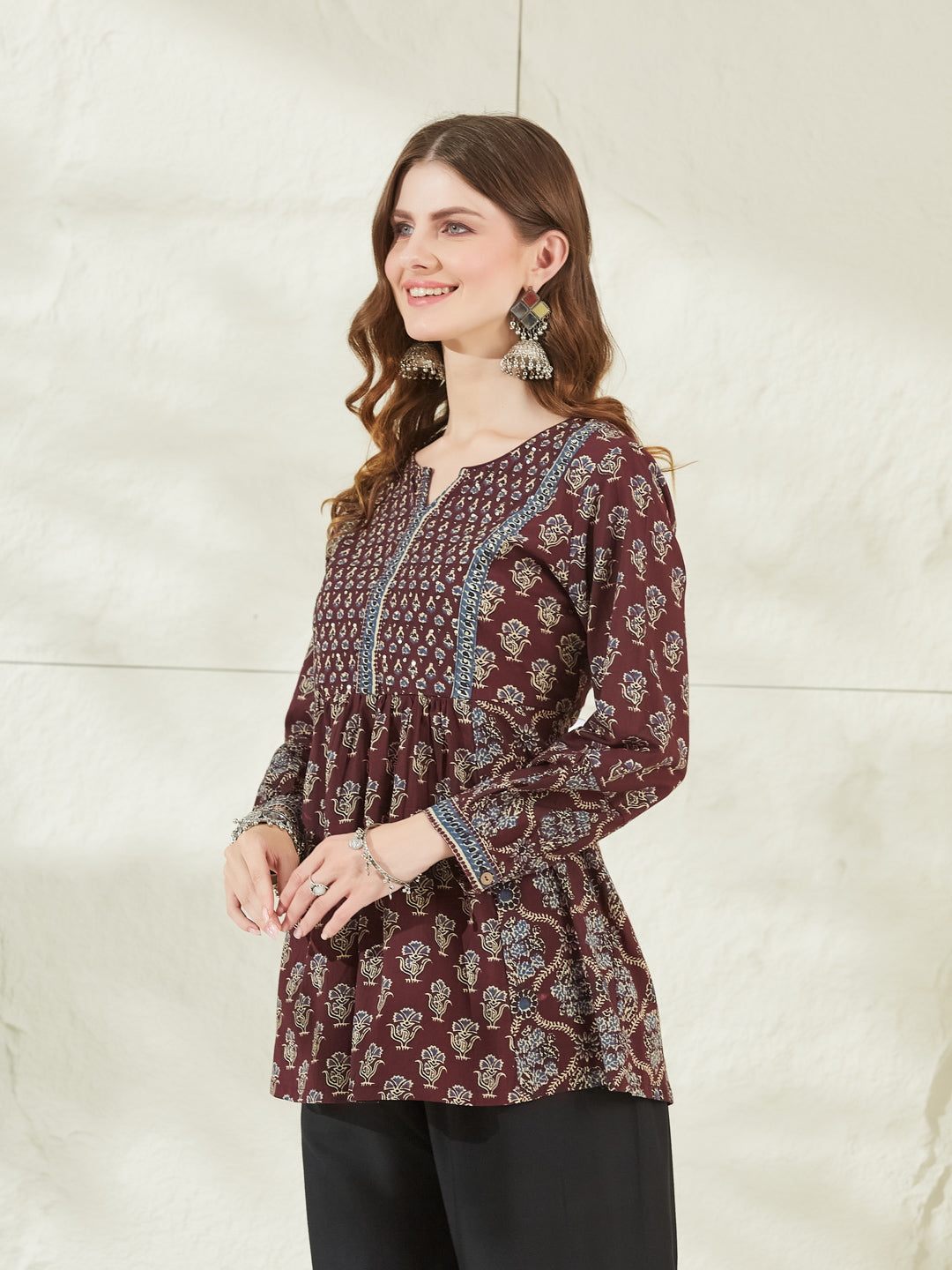 Wine Color Cotton Peplum Top