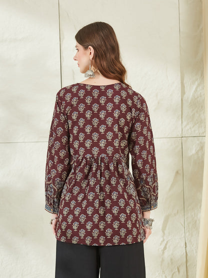 Wine Color Cotton Peplum Top