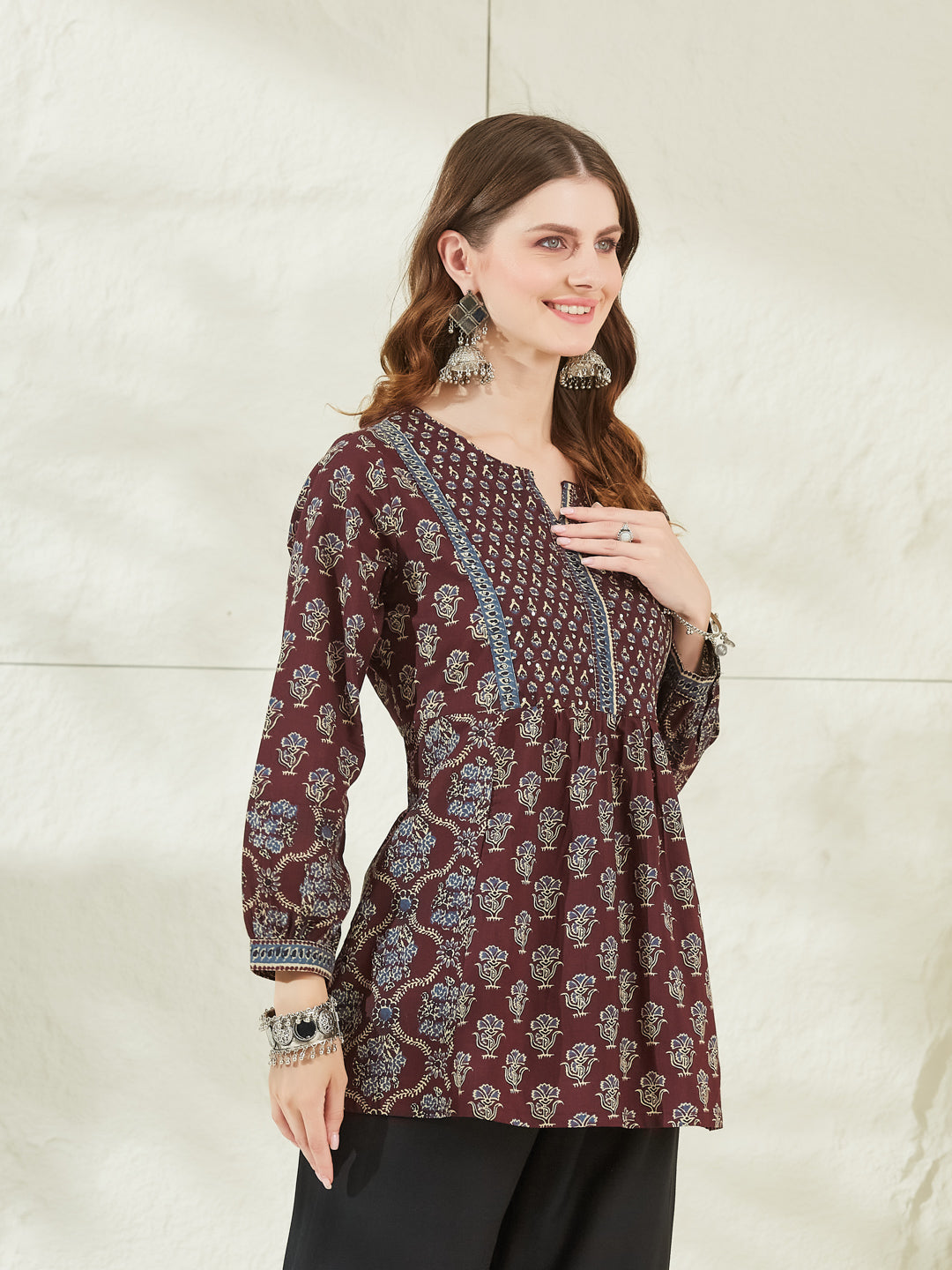 Wine Color Cotton Peplum Top