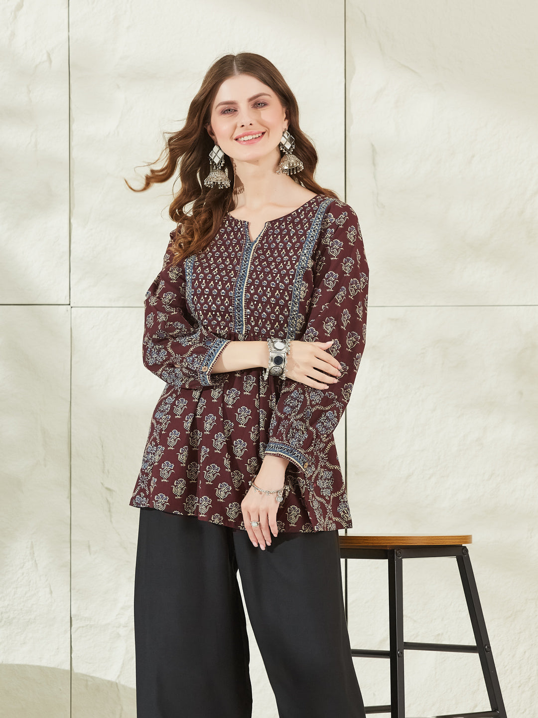 Wine Color Cotton Peplum Top