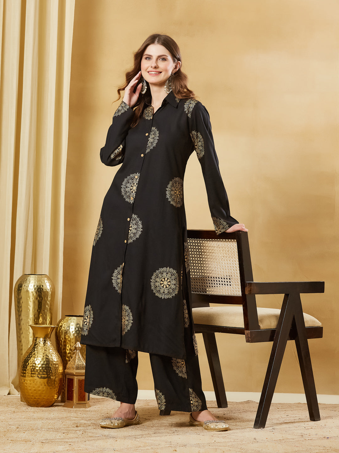 Black Rayon Foil Print Kurta Palazzo Sets