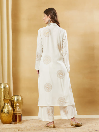 White Rayon Foil Print Kurta Palazzo Sets