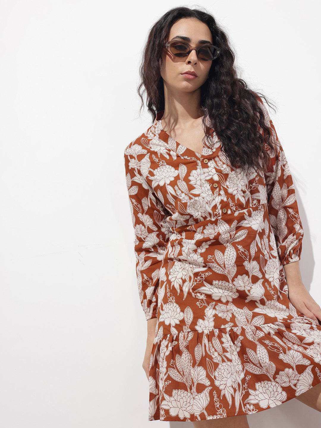 Divena Orange Mandarin Collar Cotton Midi Dress